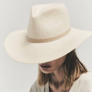 Janessa Leoné Women's Beige Faux Leather Straw Sherman Fedora Hat Size S